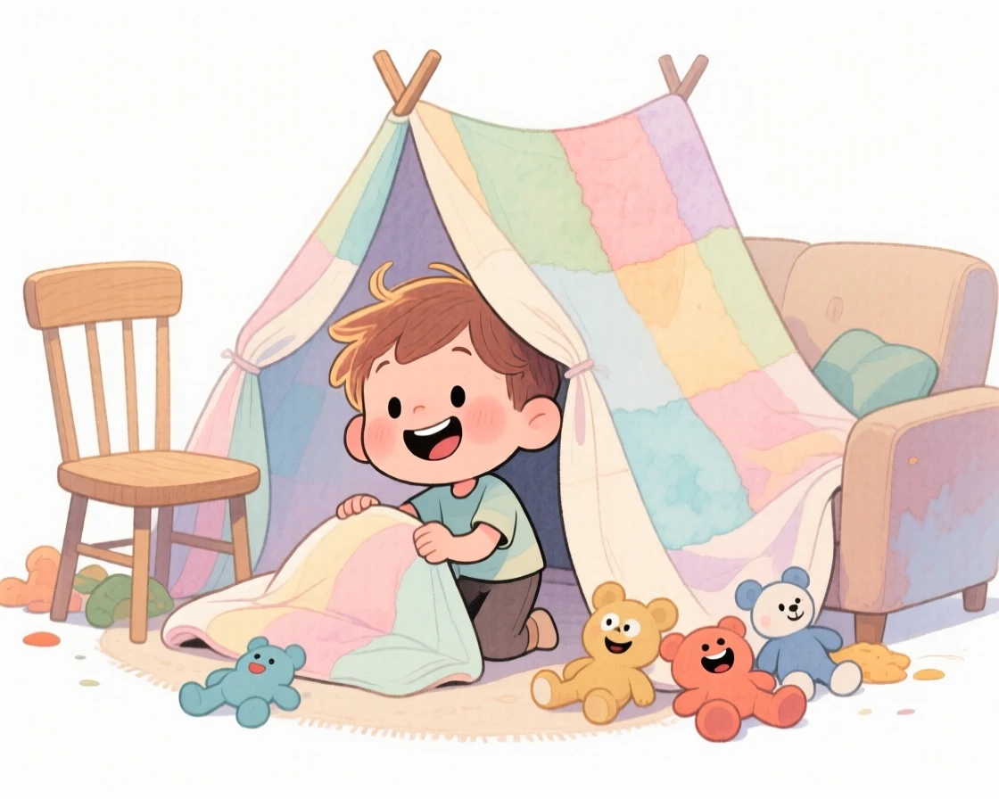 A heartwarming scene of a small boy building a blanket fort in the living room