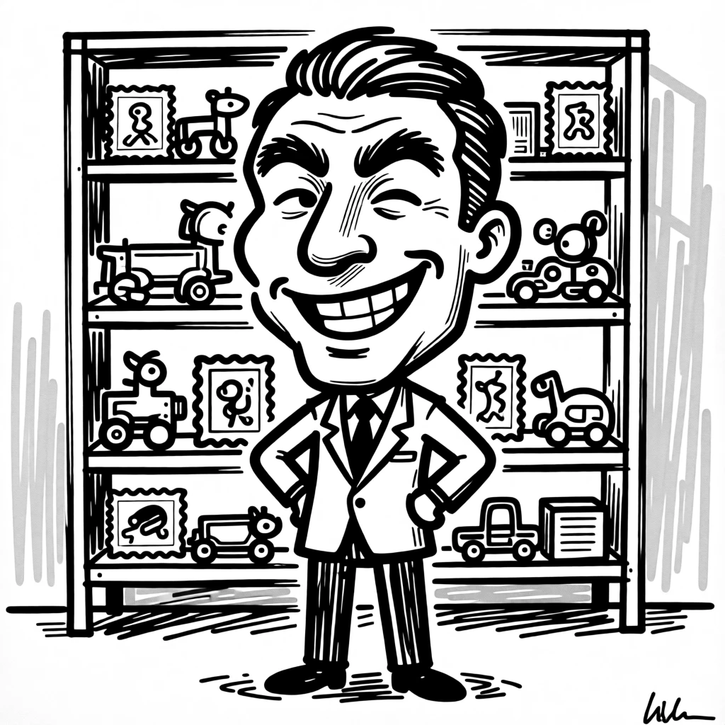 A collector proudly organizing a shelf of vintage toys or stamps.