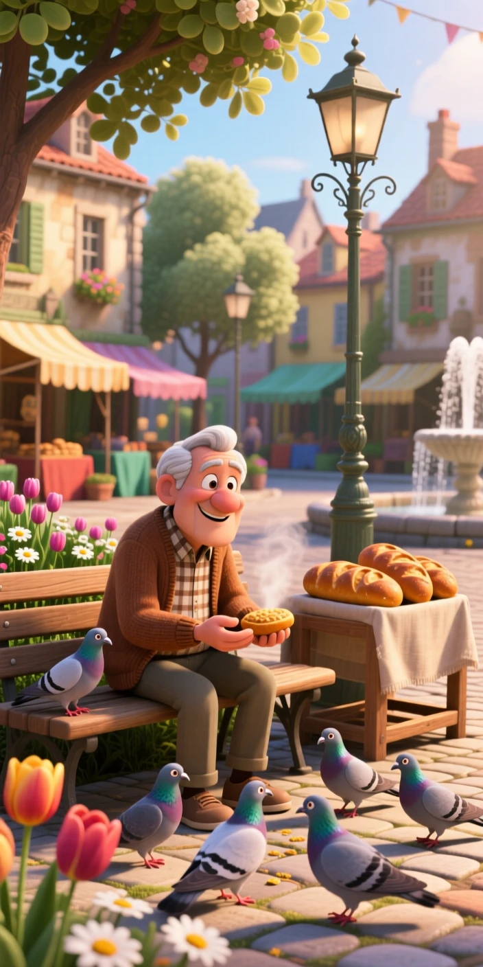 An elderly man feeding pigeons in a park is captured at a village square during a quiet afternoon, with fresh bread cooling on a nearby rack. A quiet, wholesome charm lingers over the moment.