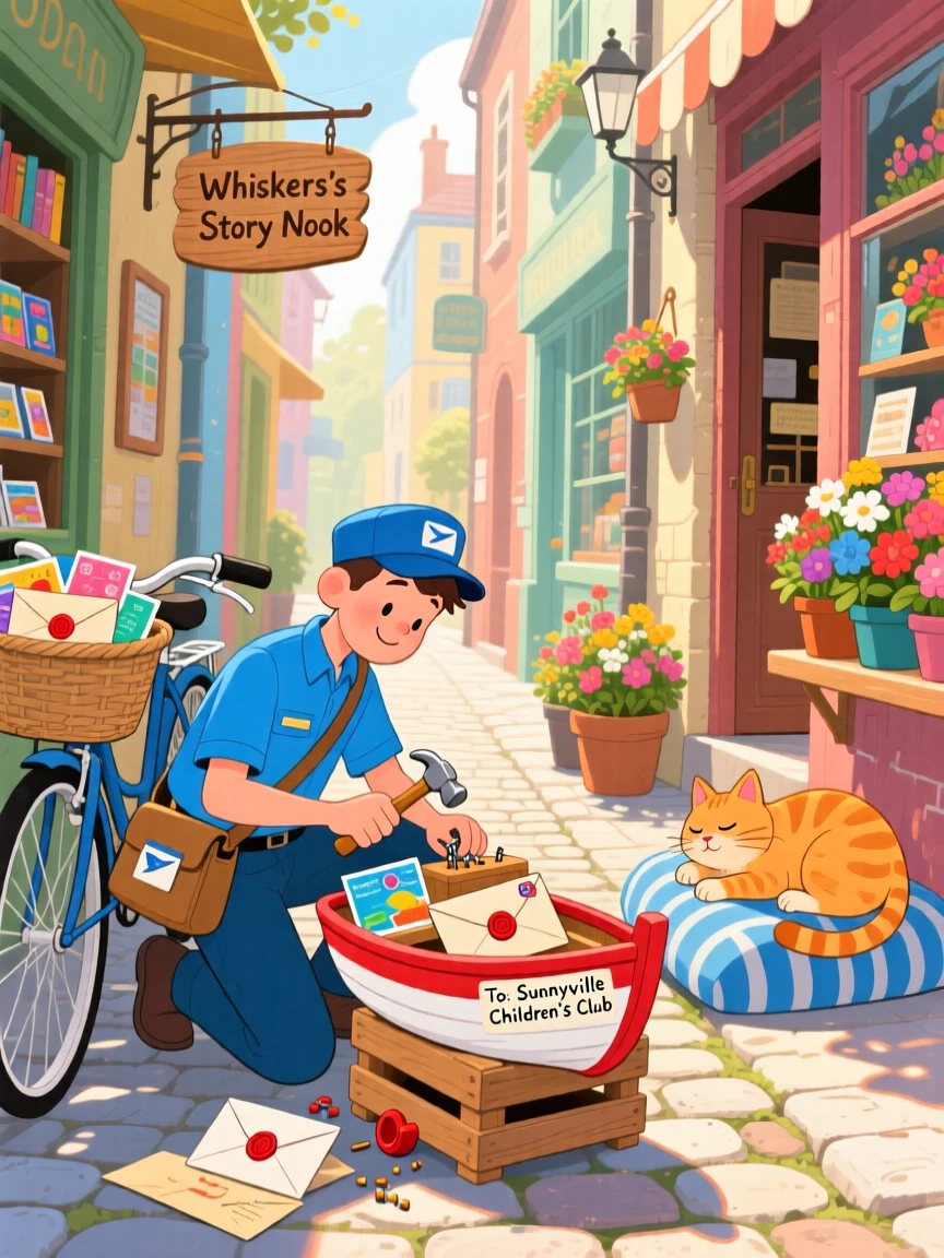 A mail carrier with a bicycle basket full of letters pauses while repairing a wooden toy boat in a narrow alley lined with shops, while a cat naps in a sunny doorway.