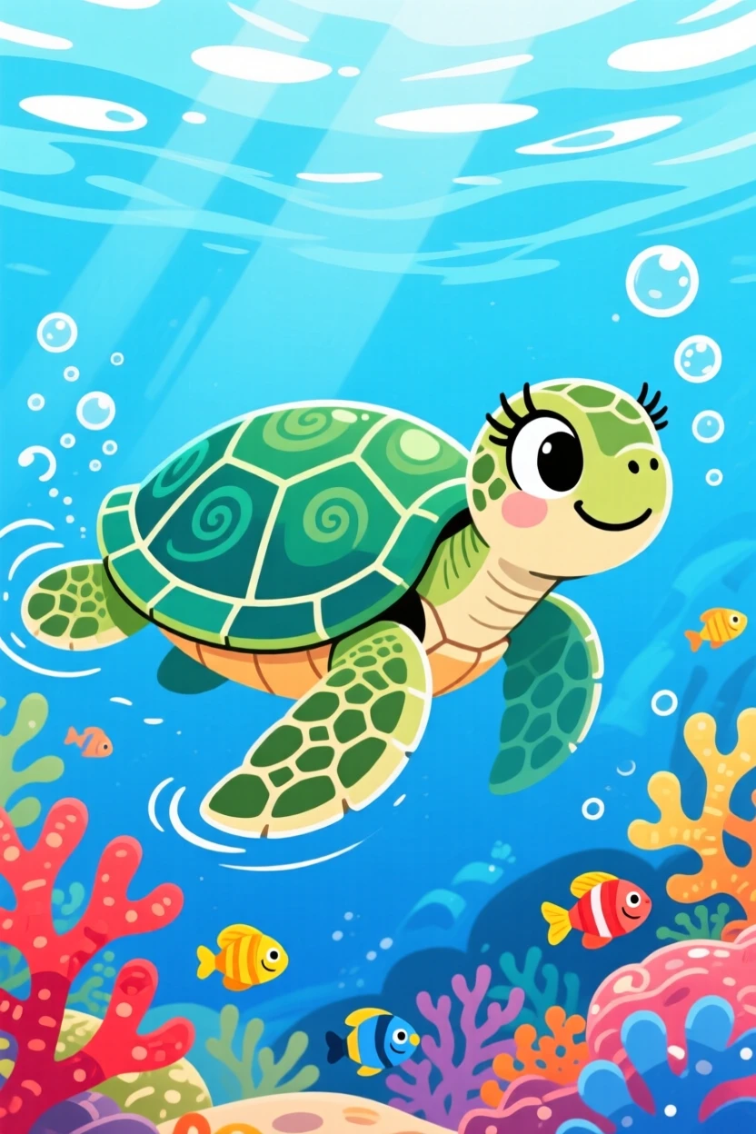 A sea turtle gliding gracefully through clear blue water.