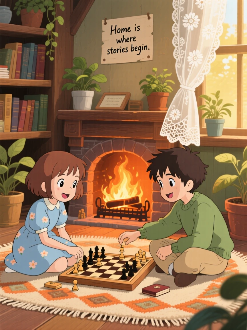 Two friends playing a board game on a rug by the fireplace, sunlight streaming through lace curtains, the whole scene feeling gently nostalgic.