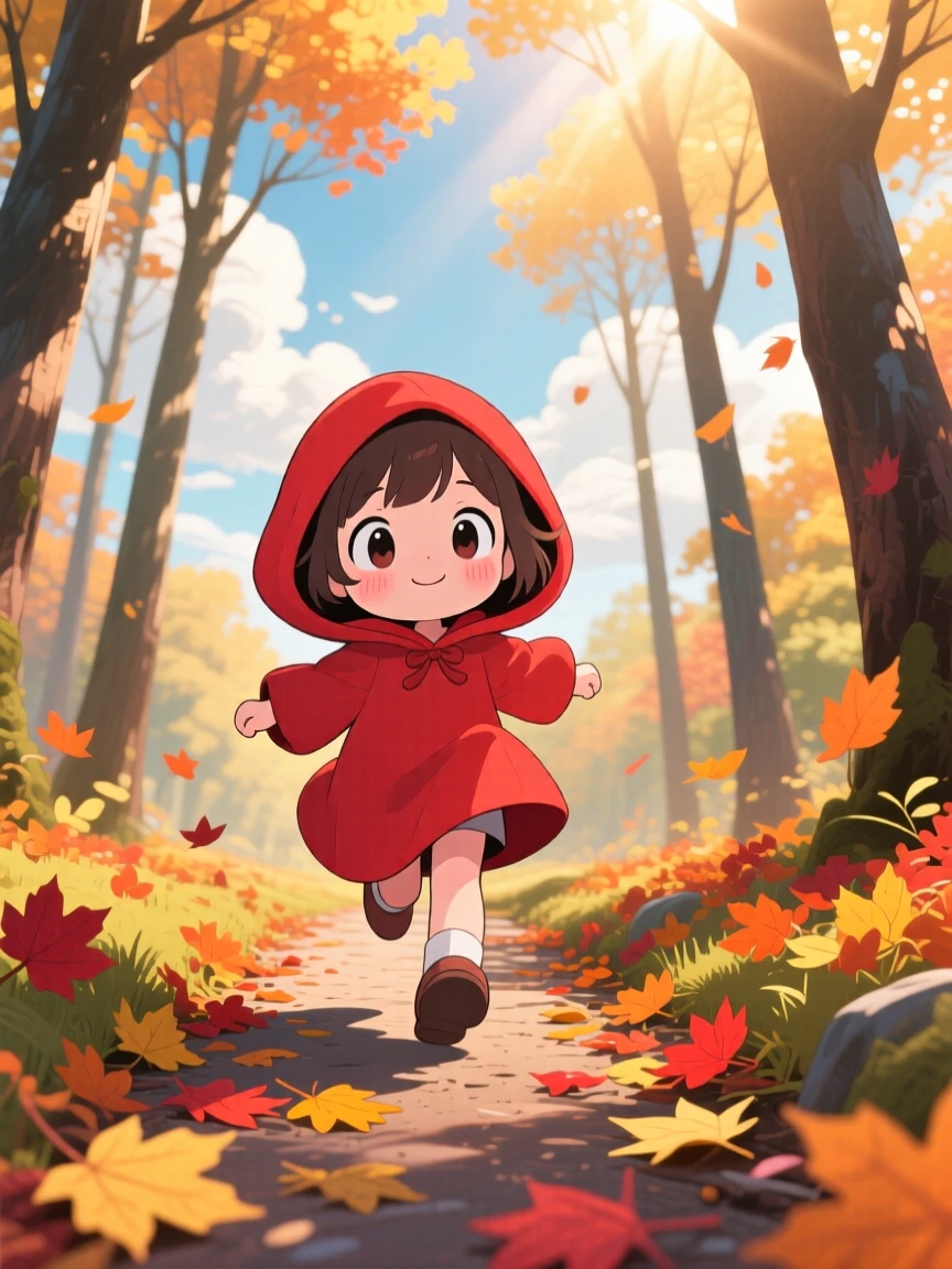 A small girl in a red hooded cloak skipping through a sunlit forest path, framed as a worm's-eye view within a storybook woodland, on a crisp autumn afternoon, glowing under rays of sunrise breaking through clouds, evoking shy bashfulness.