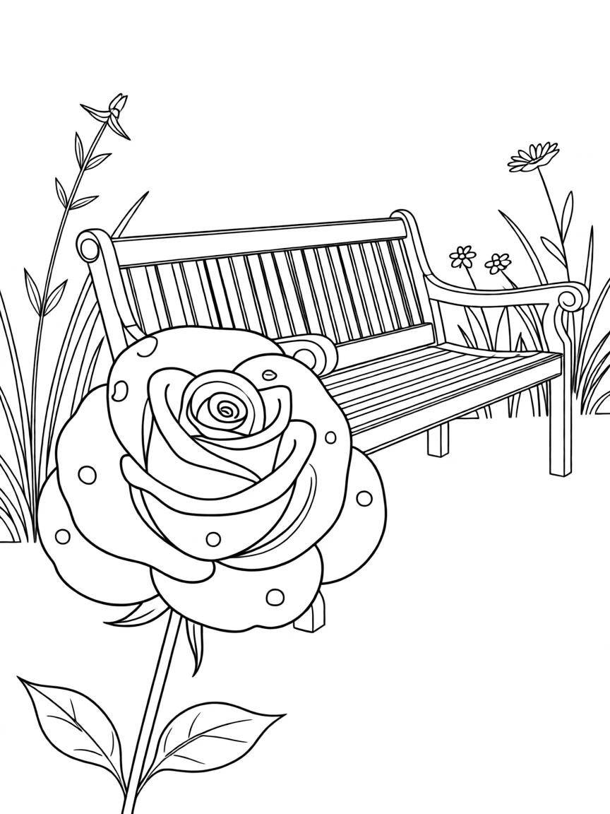 A single rose with dew drops on its petals, with a garden bench softly visible in the background.