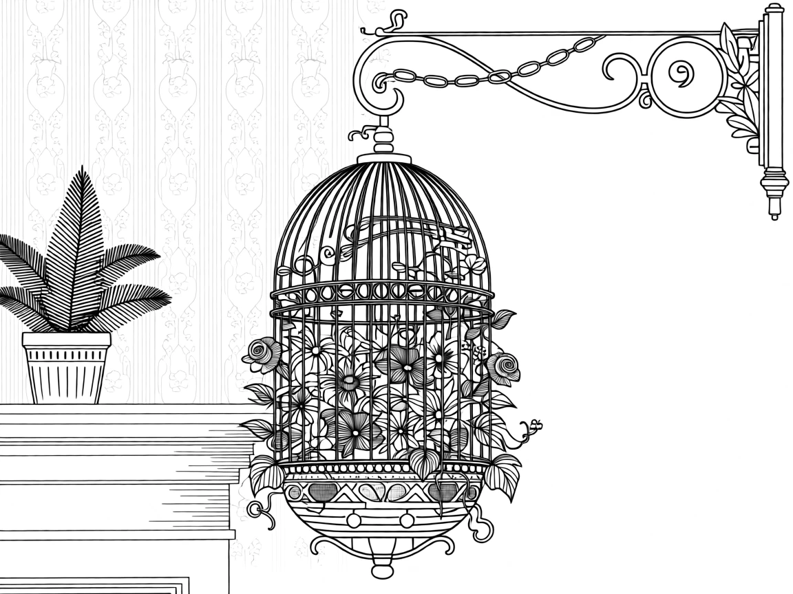 A vintage birdcage transformed into a hanging garden of flowers.