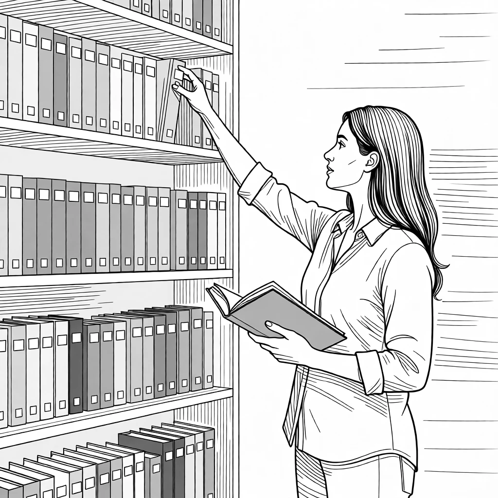A person organizing a bookshelf with color-coded spines