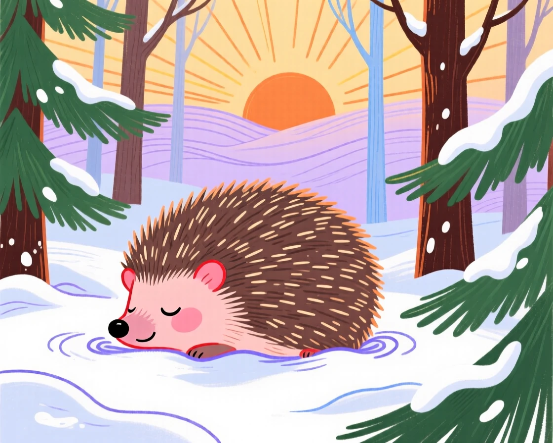 A small hedgehog napping in a snowy pine forest at sunrise.