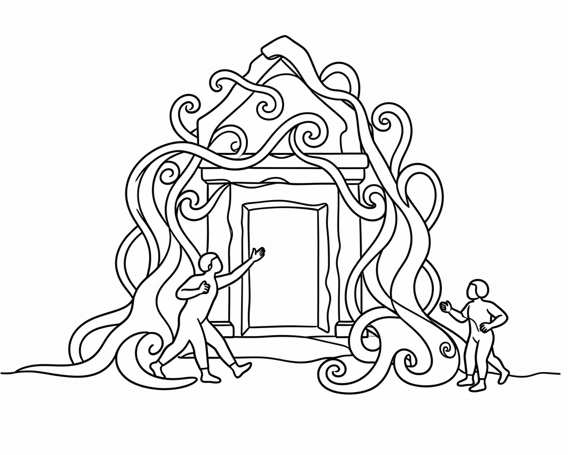 A family exploring an ancient temple ruin overtaken by jungle vines