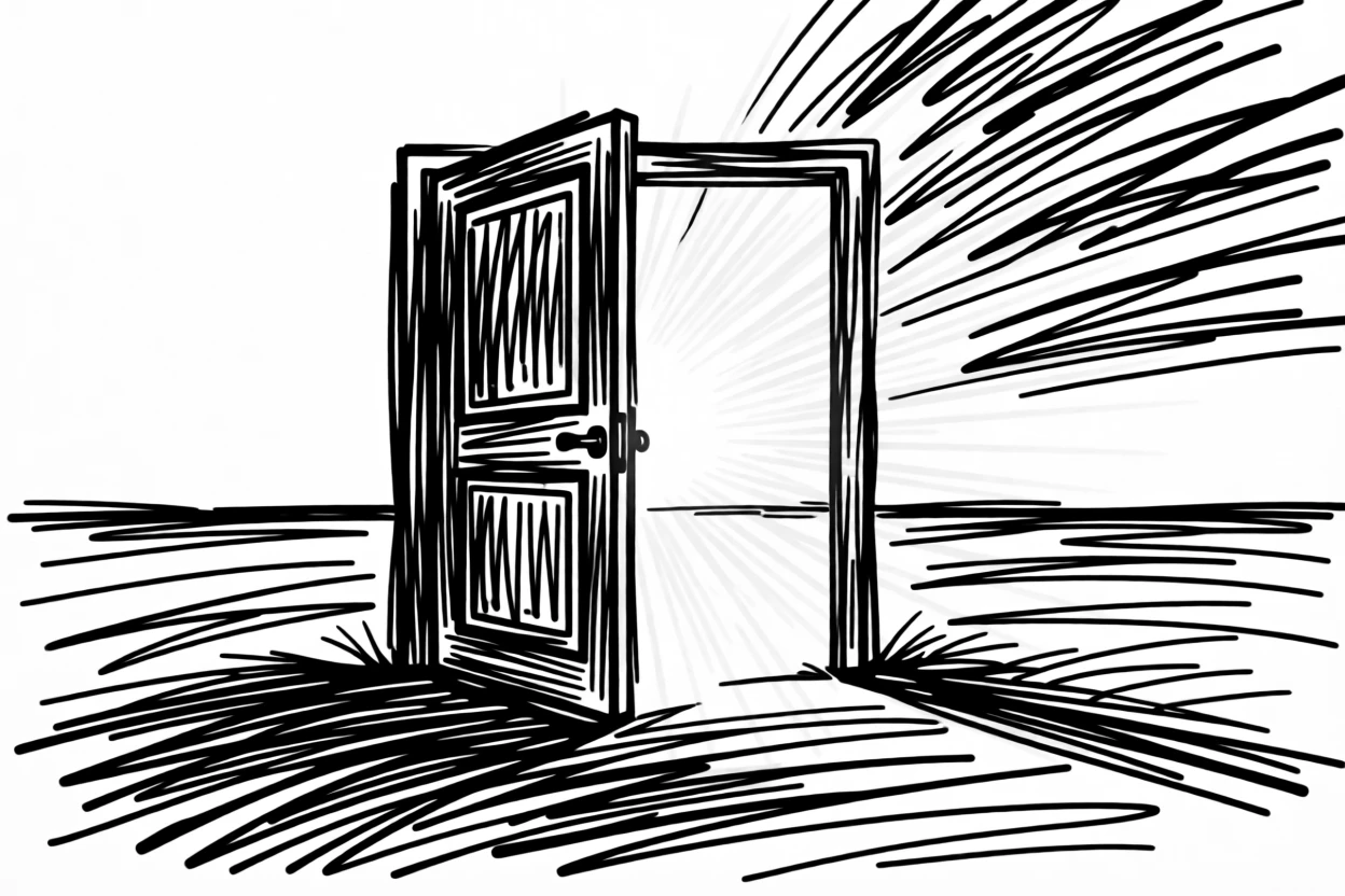 A single door standing alone in an open field, opening onto a bright light.