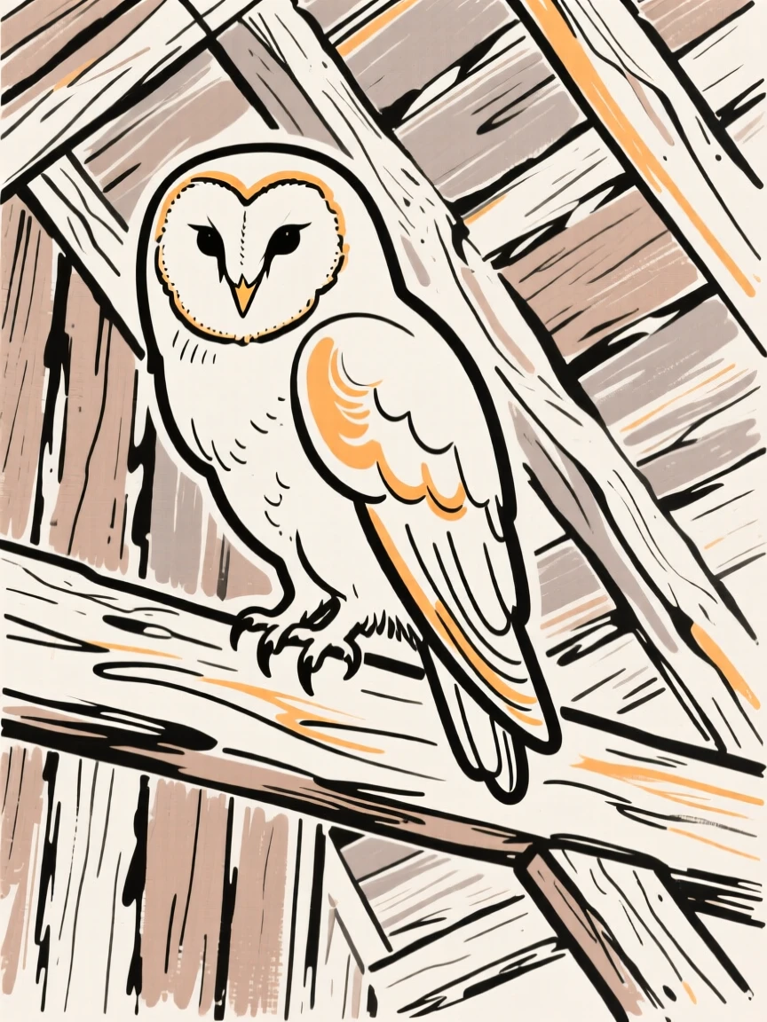 A barn owl perched silently in the rafters of an old wooden barn.