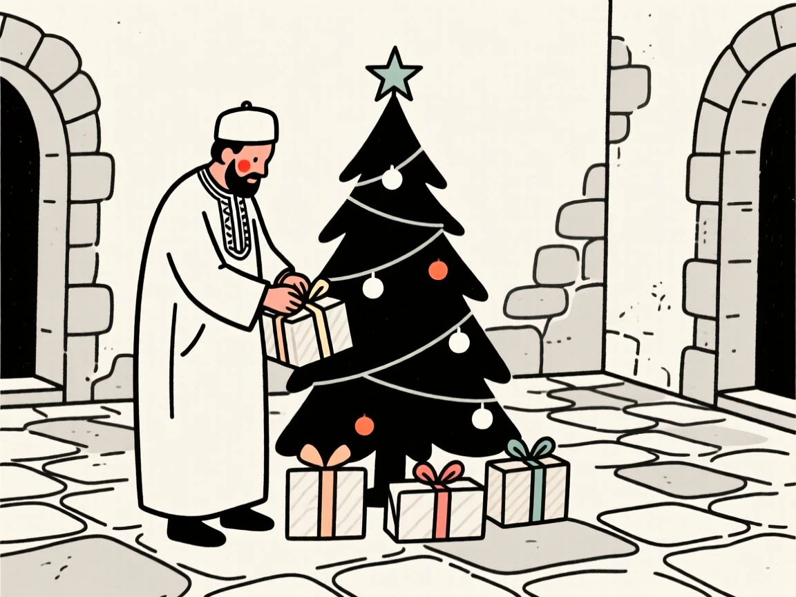 A father of Moroccan heritage wrapping gifts by a decorated tree, in an old stone courtyard.