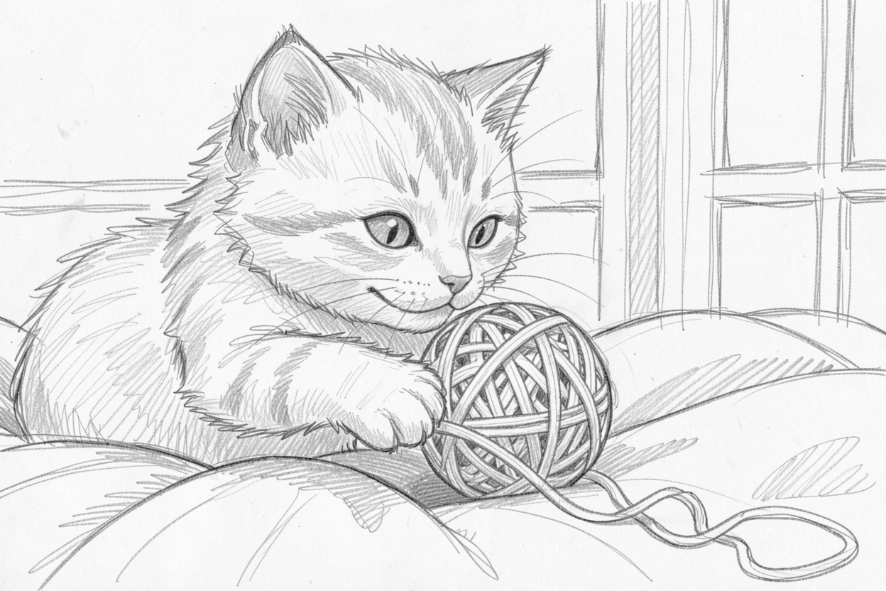 A charming close-up of a kitten batting at a ball of yarn on a cozy blanket by a window, looking impossibly soft and content.