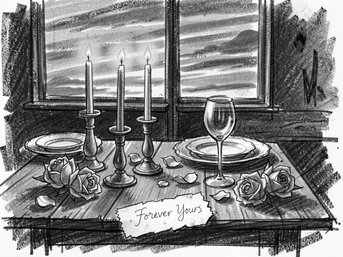 A Valentine's Day dinner set with candles and roses, beneath a sky streaked with sunset colors.