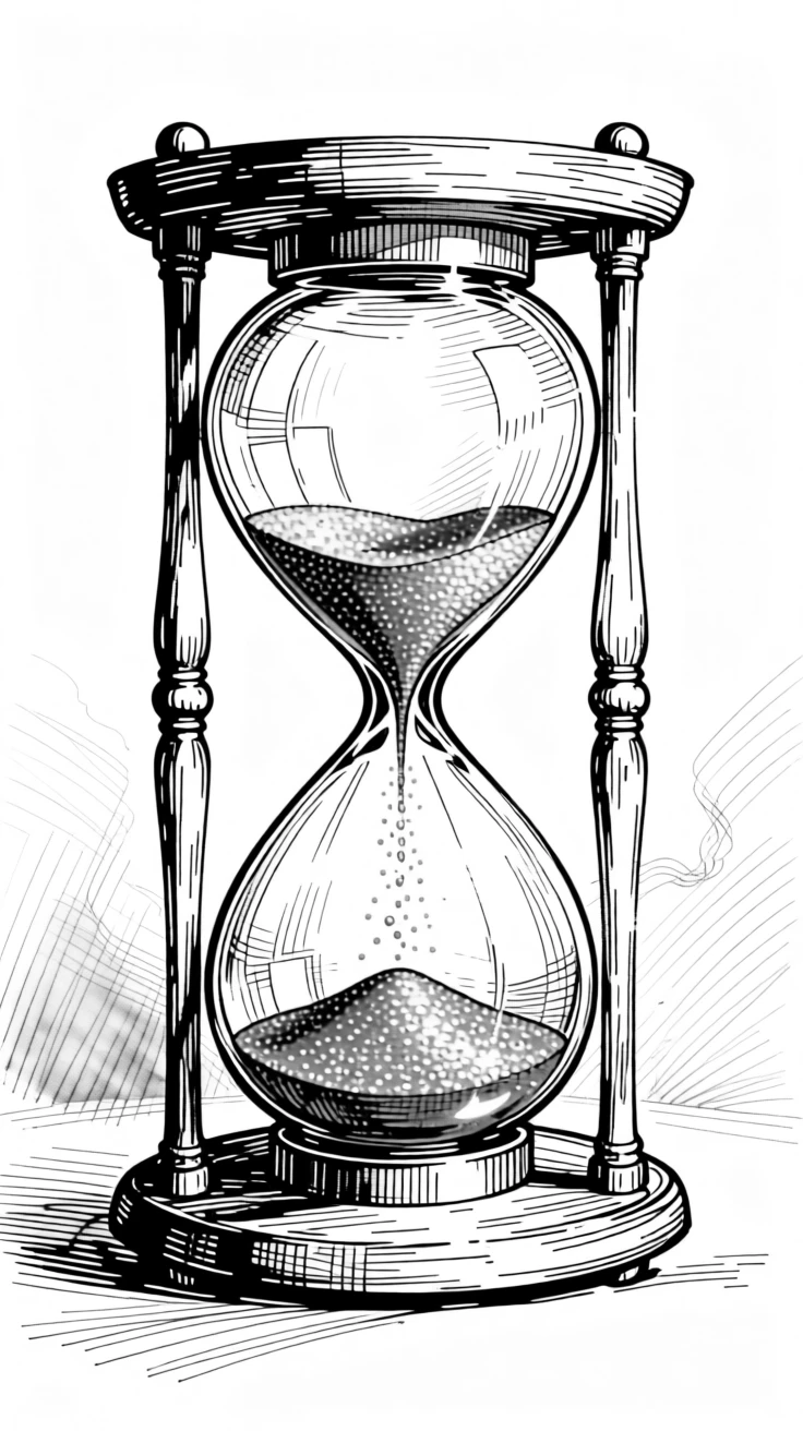 A single hourglass with golden sand slowly falling, symbolizing time and patience.
