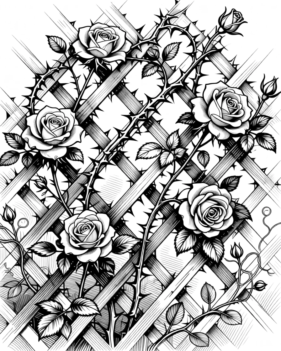 A lattice of climbing roses and thorns set against a softly textured background, with tiny botanical elements woven throughout, forming a classically refined decorative composition.