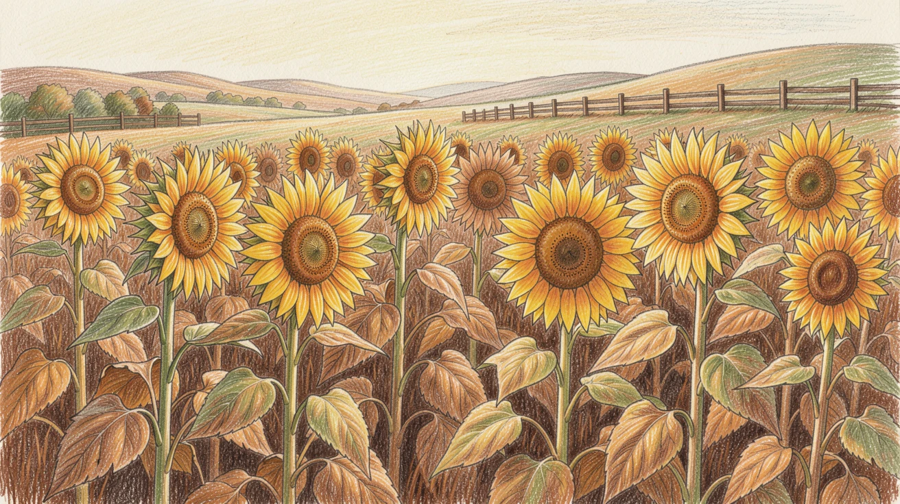 A rustic countryside sunflower field ready for autumn harvest, with soft, natural light bringing warmth to every detail, evoking warmth, beauty, and a lasting sense of wonder.
