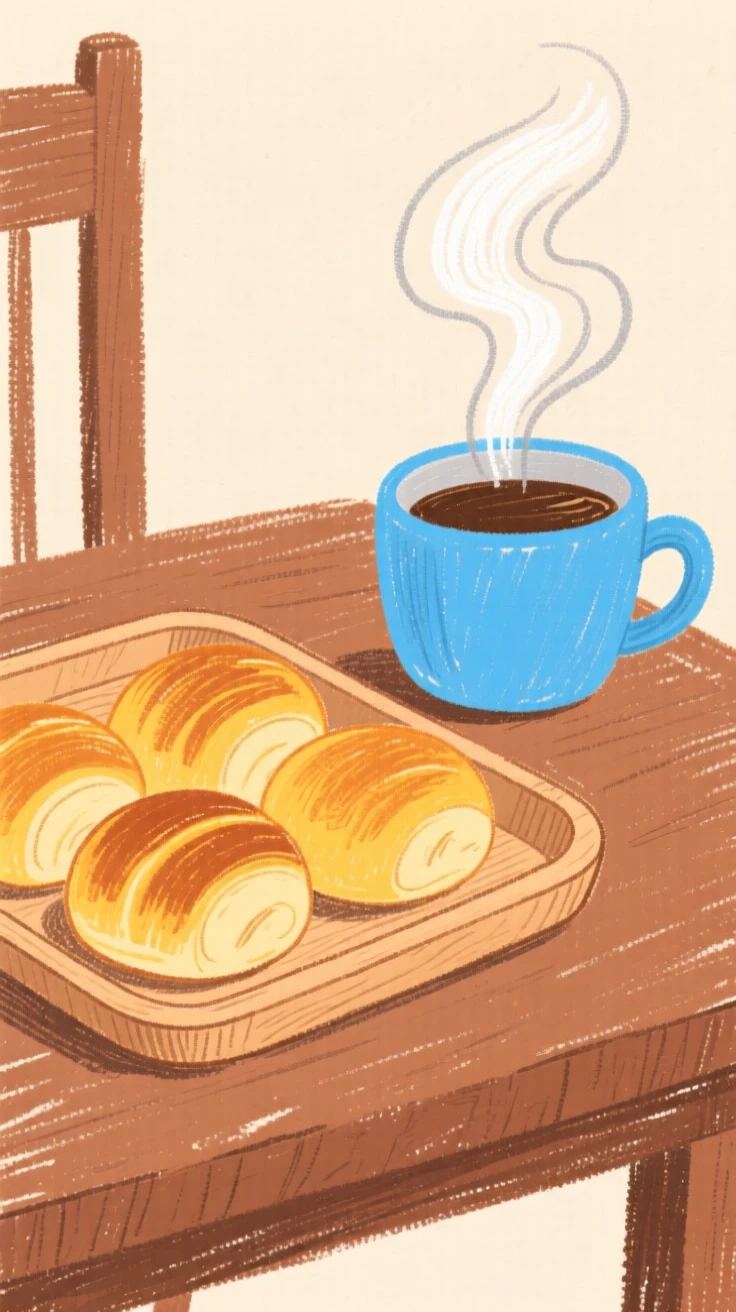 A tray of golden dinner rolls placed beside a steaming cup of coffee.