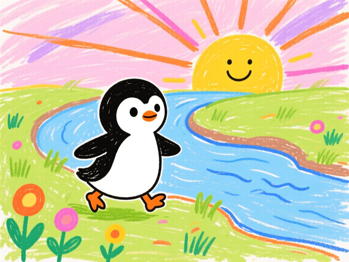 A tiny penguin chick waddling along a riverbank at sunrise.
