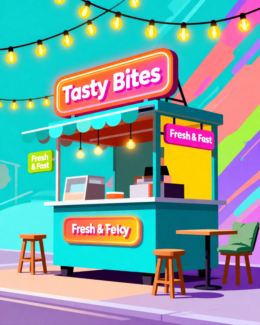 A vibrant street food stall glowing with colorful signage, surrounded by warm string lights and cozy seating, composed with playful diagonal energy, with vibrant, trendy colors that feel fresh and current.