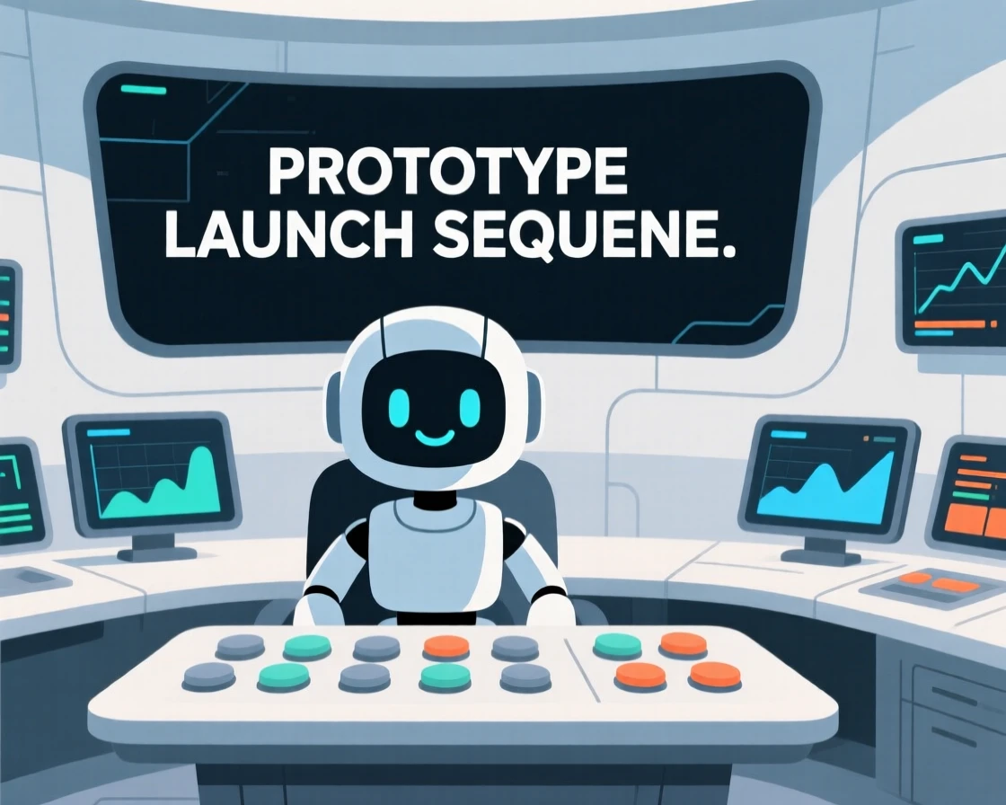 A friendly AI assistant launching a prototype in a mission control room.