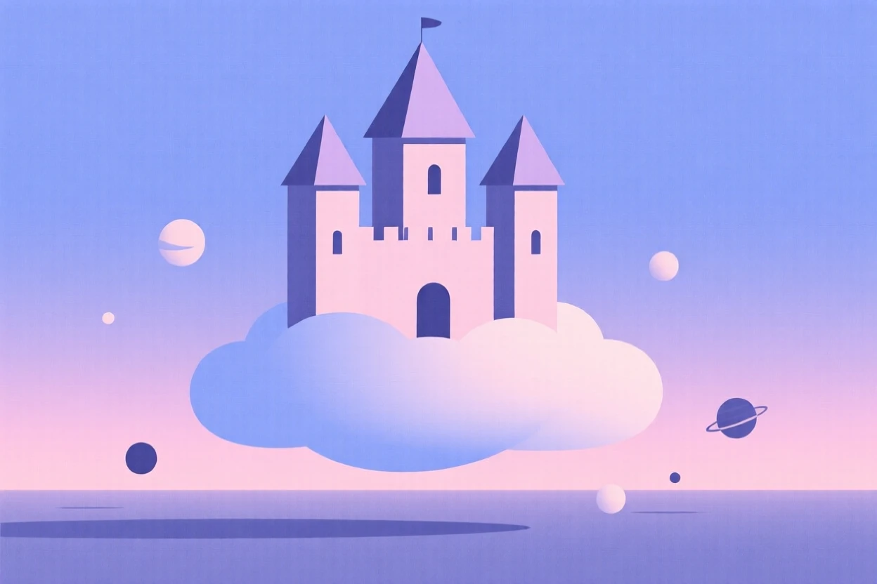 A castle floating on a cloud floating above a quiet dreamscape at twilight, surrounded by miniature planets, radiating dreamlike serenity.
