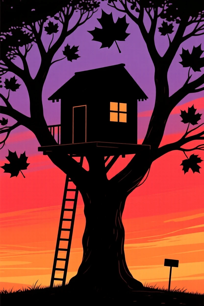 A single treehouse nestled high in the branches of an old maple tree.