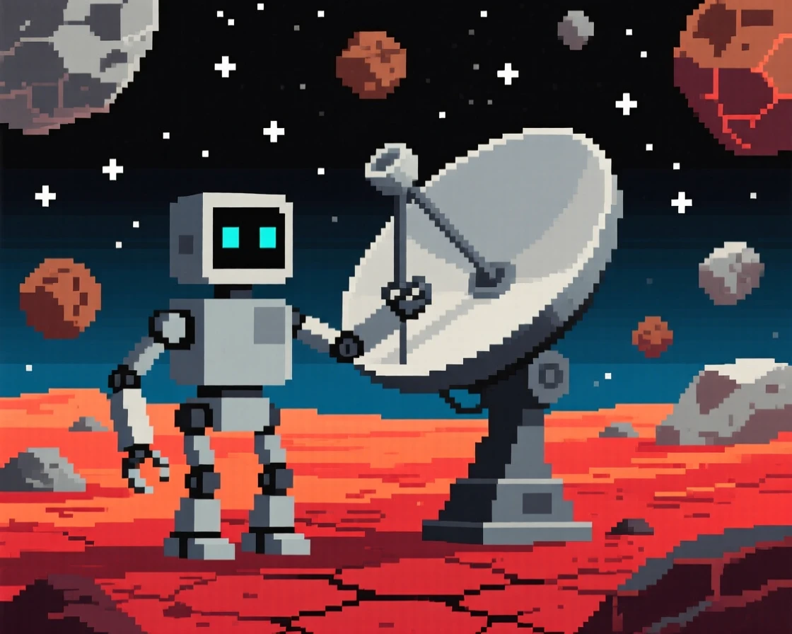 A robot fixing a satellite dish floating peacefully among a field of asteroids, on the surface of a distant red planet.