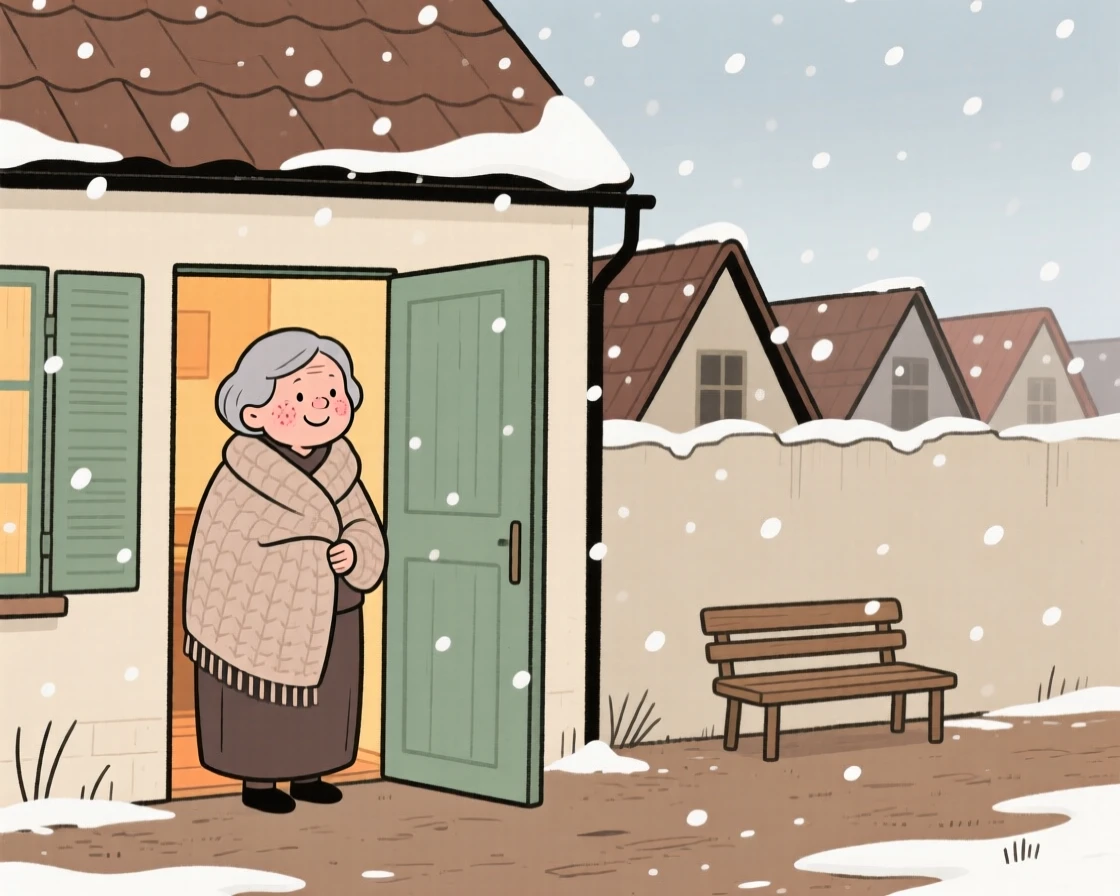 Soft snow falls over a row of rooftops as a elderly woman watches from a cozy doorway, wrapped warmly against the spring air.