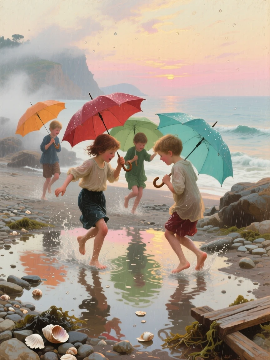 A centered composition of children splashing in puddles beneath colorful umbrellas, on the coast of Provence, just after sunrise.