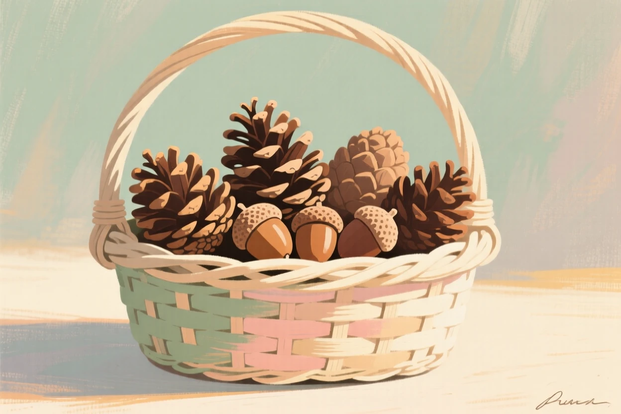 A collection of pinecones and acorns gathered in a woven basket