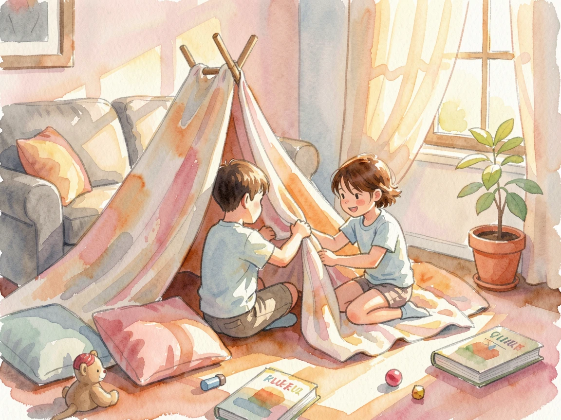 A boy and girl building a blanket fort in the living room on a warm sunny afternoon.