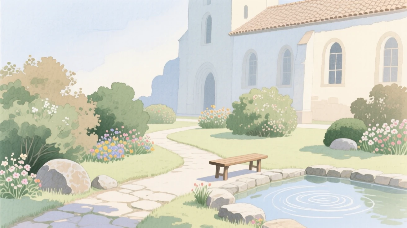 A serene view of a quiet monastery garden, while the world remains still and quiet, evoking calm and quiet reflection