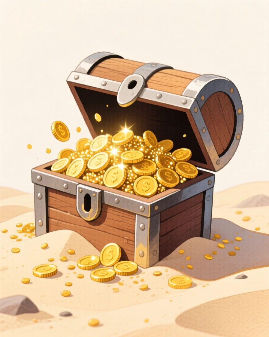 A thrilling glimpse of a chest of glittering gold coins half-buried in sand.