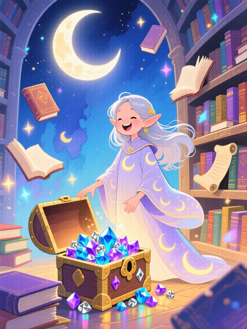 A moon priestess opening a treasure chest overflowing with glowing gems, in a mystical library with floating books, sparking childlike imagination and awe.