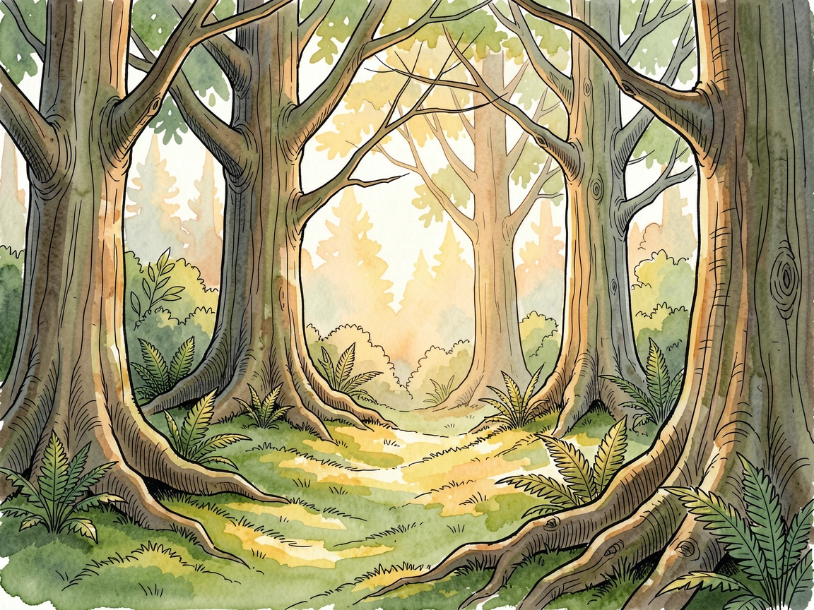 A sunlit clearing in an old growth forest carpeted with soft green moss, golden light spilling across the landscape at the close of day.