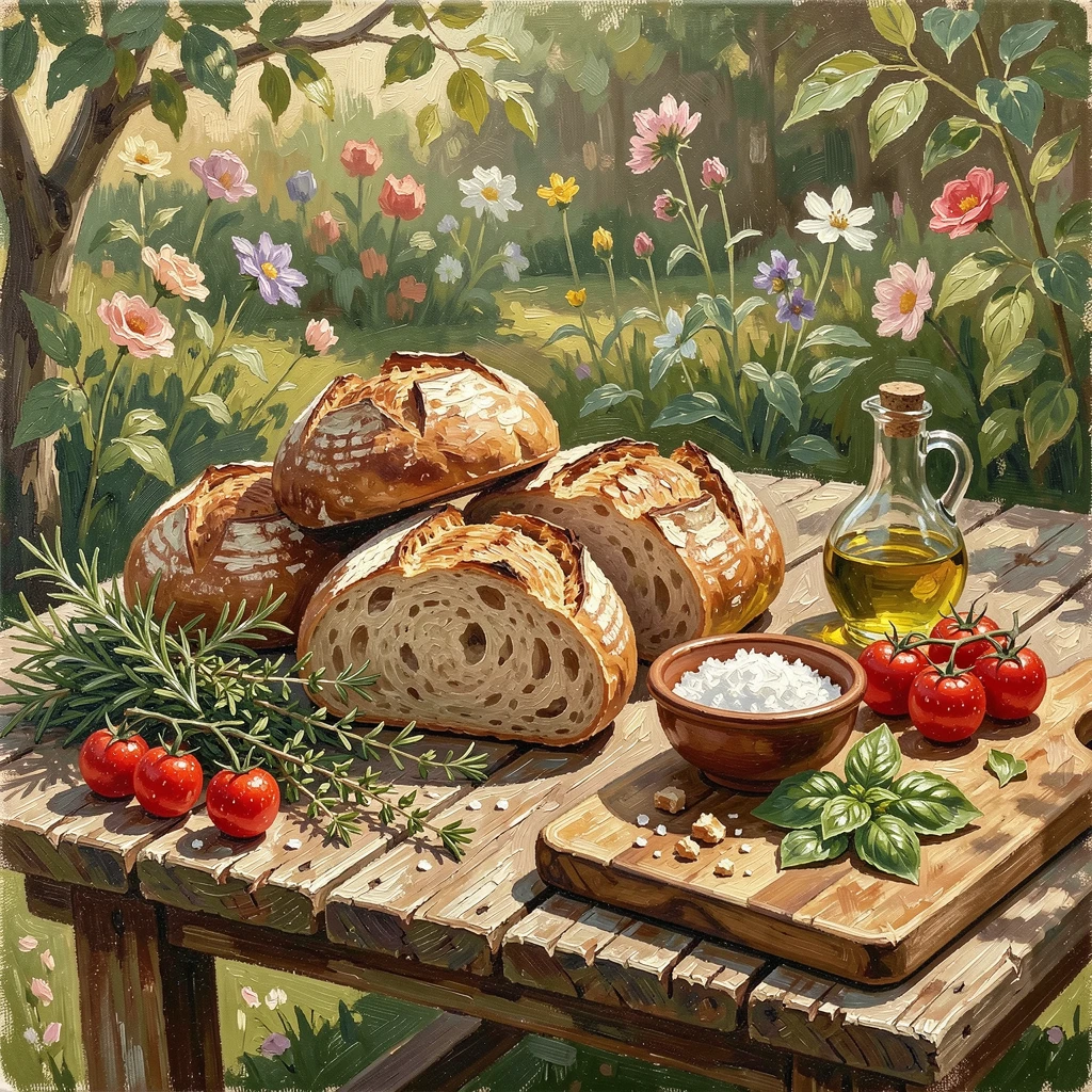 A rustic wooden table laden with fresh-baked bread, fresh herbs and scattered ingredients nearby, on a rustic wooden table set in a garden, on a lazy Sunday afternoon.