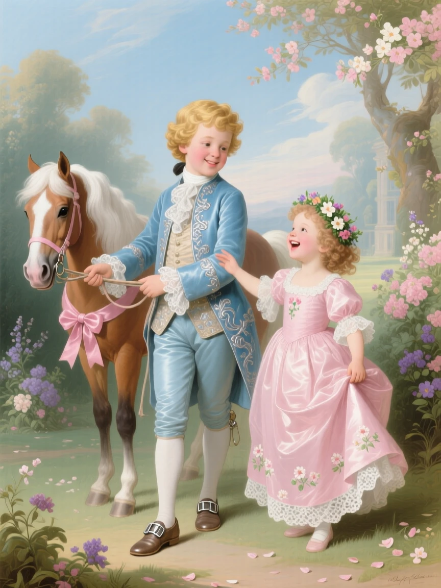 A young prince leading a pony for his laughing younger sister  