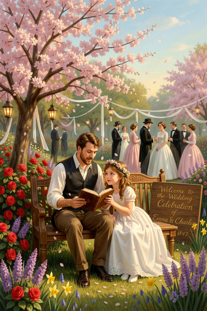 A father and daughter tell stories around a wedding celebration in a flower-filled garden on a quiet Sunday afternoon.