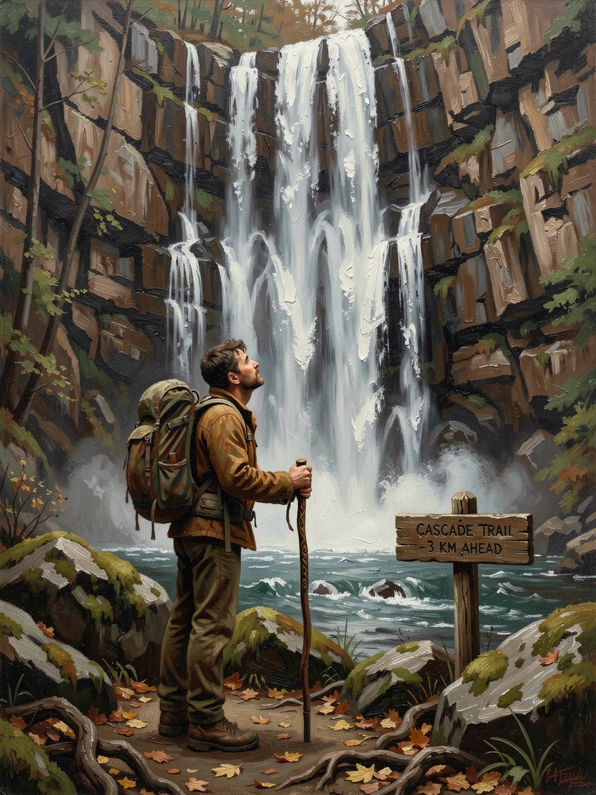 A hiker pausing to admire a massive waterfall after a long day's trek, as the thrill of discovery radiates through the entire composition, capturing the excitement, freedom, and wonder of travel