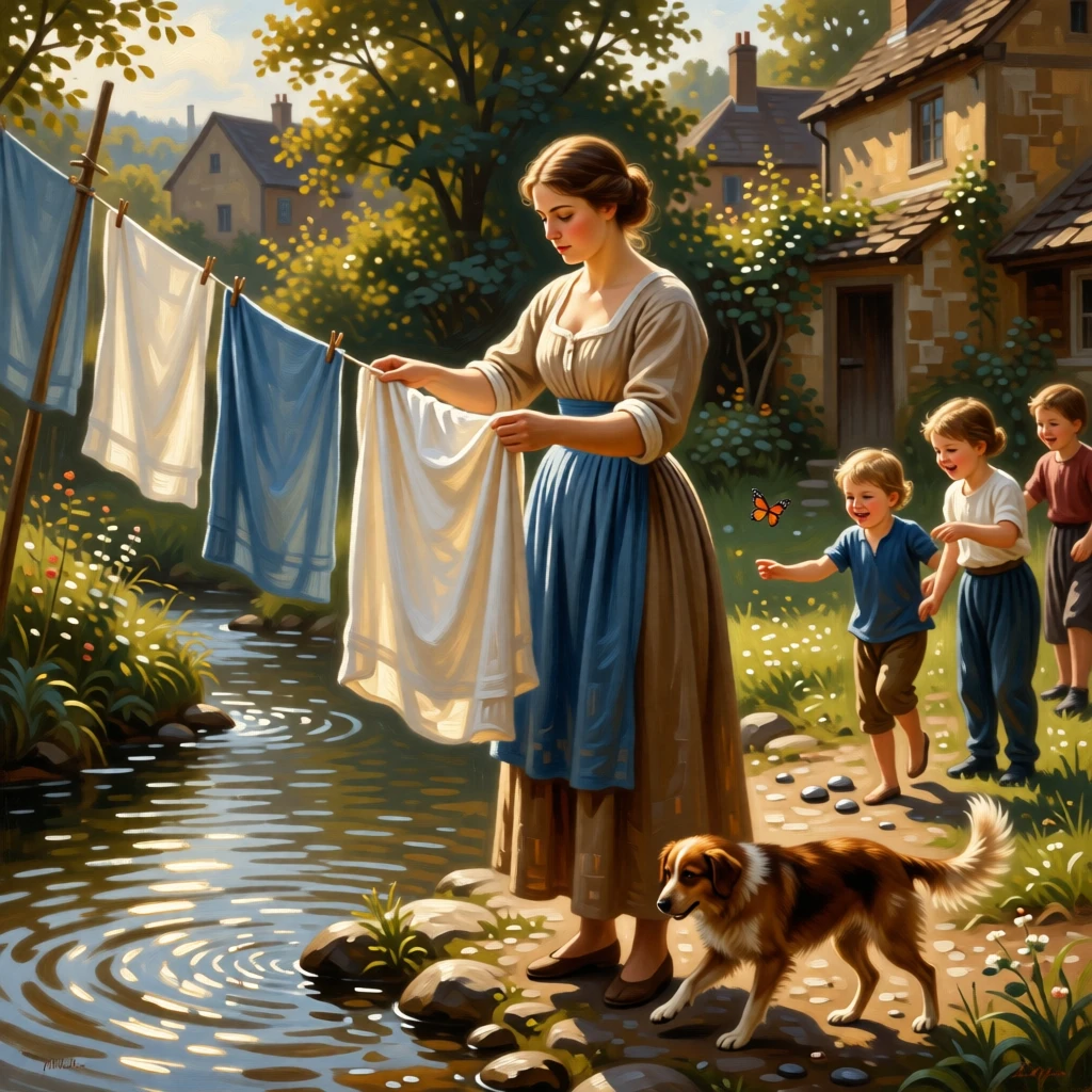 A washerwoman hanging linens to dry beside a rippling stream at the gentle heart of a simple daily ritual, set within a sunlit rural village at the start of a new day, with children's laughter and a stray dog weaving underfoot; background activity adds gentle life without distracting from the center, suggesting that meaning is found in life's smallest rituals.
