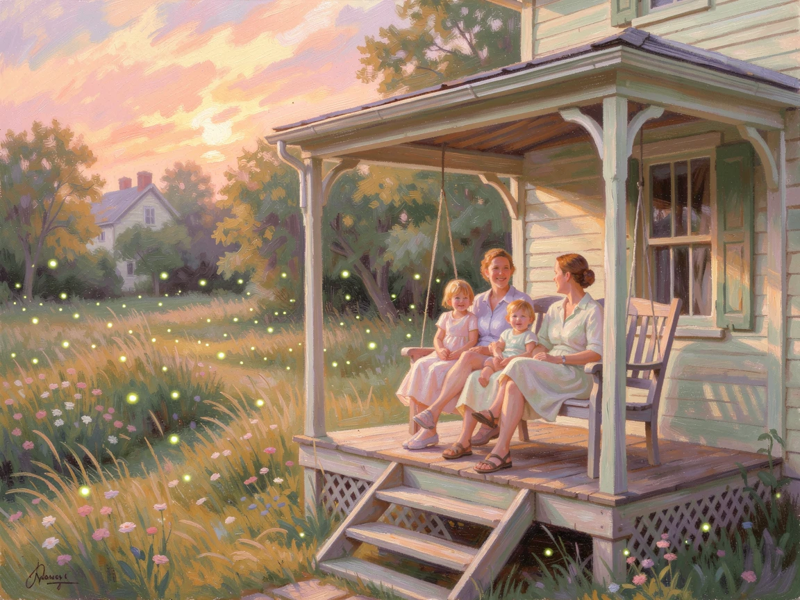 A family gathered on a porch swing watching fireflies rise over the garden on a warm summer evening, under a glowing sunset sky.