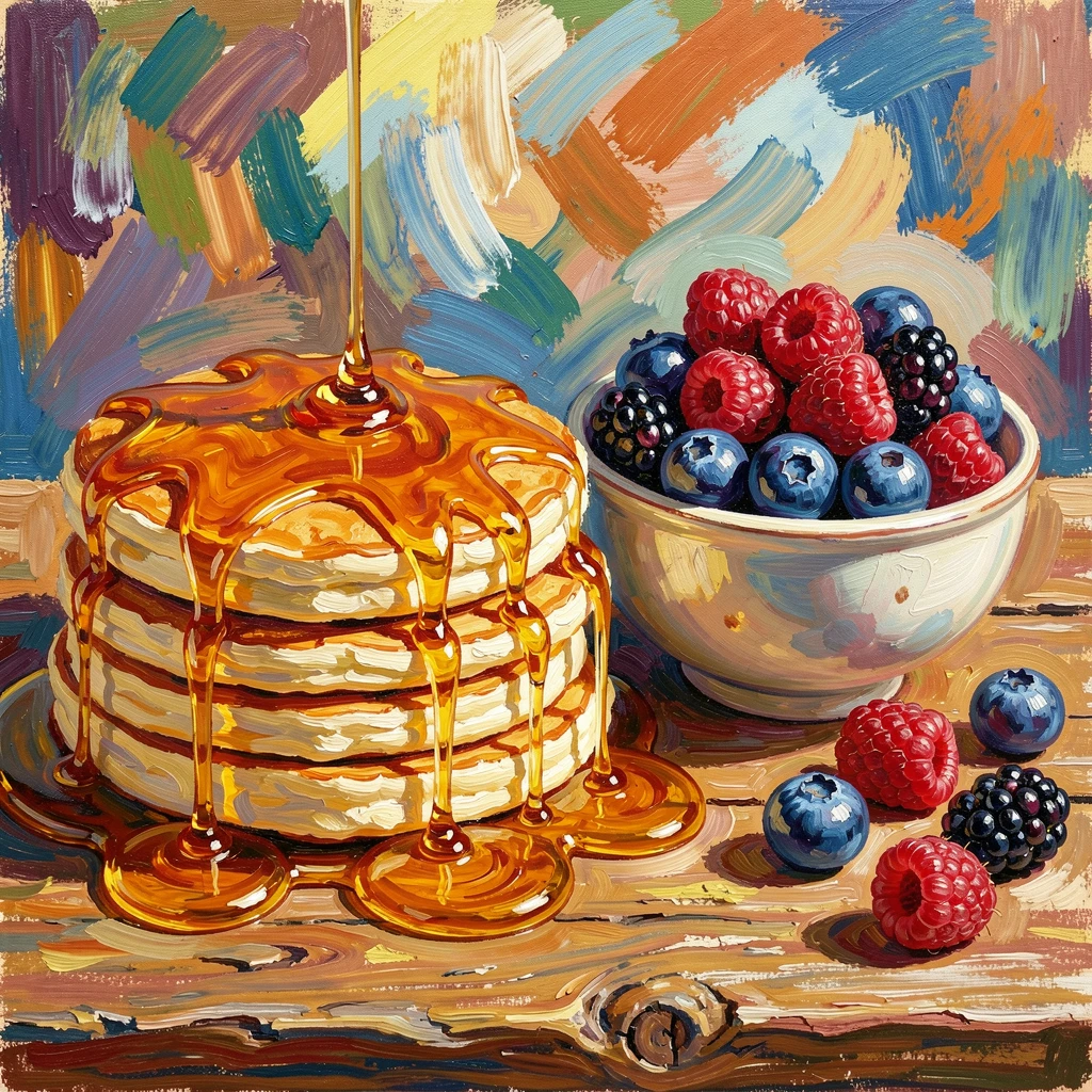 A bowl of mixed berries beside a stack of pancakes drizzled with honey.