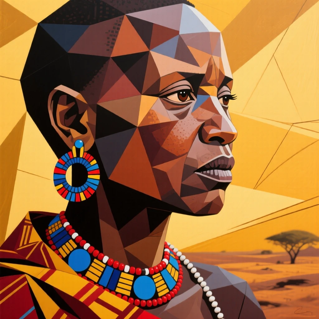 A close-up portrait of a middle-aged woman of Maasai heritage, lost in quiet thought, against a warm golden backdrop.