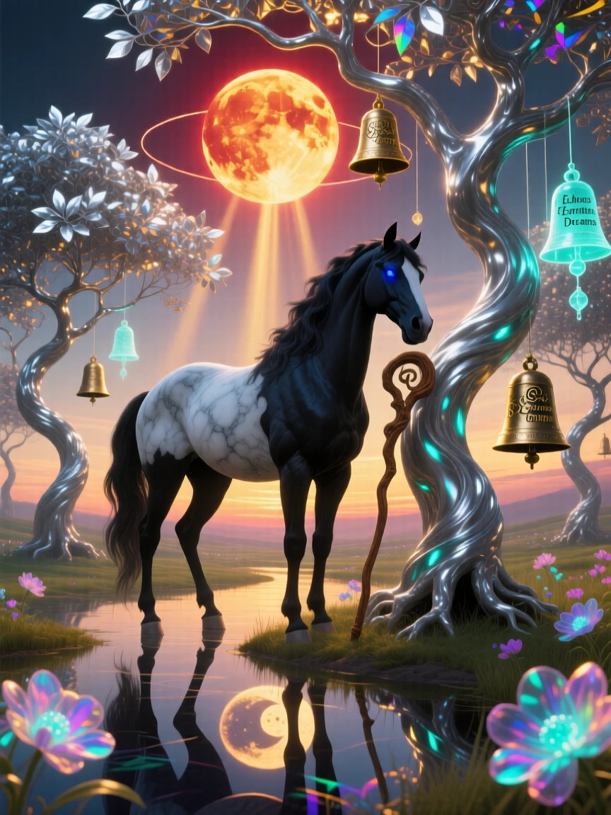 A centaur wandering through a grove of silver-leafed trees rests beneath the light of a slow, setting sun, while distant bells seem to ring without any wind.