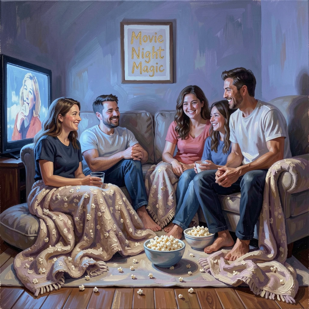 A group of friends have a cozy movie night with blankets and popcorn scattered across a living room floor lit by the television glow, soft ambient light gently shaping the contours of their face and surroundings.