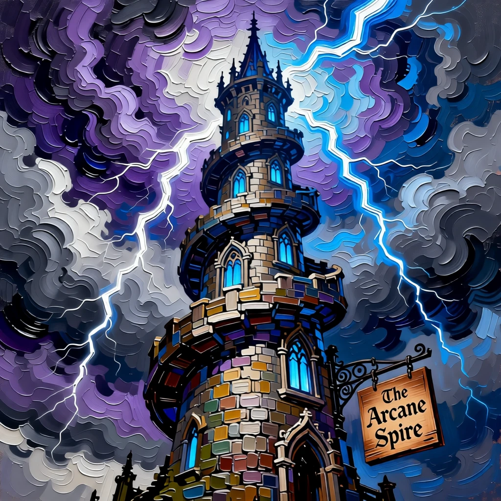 A wizard's tower spiraling into storm clouds, lightning crackling around its peak