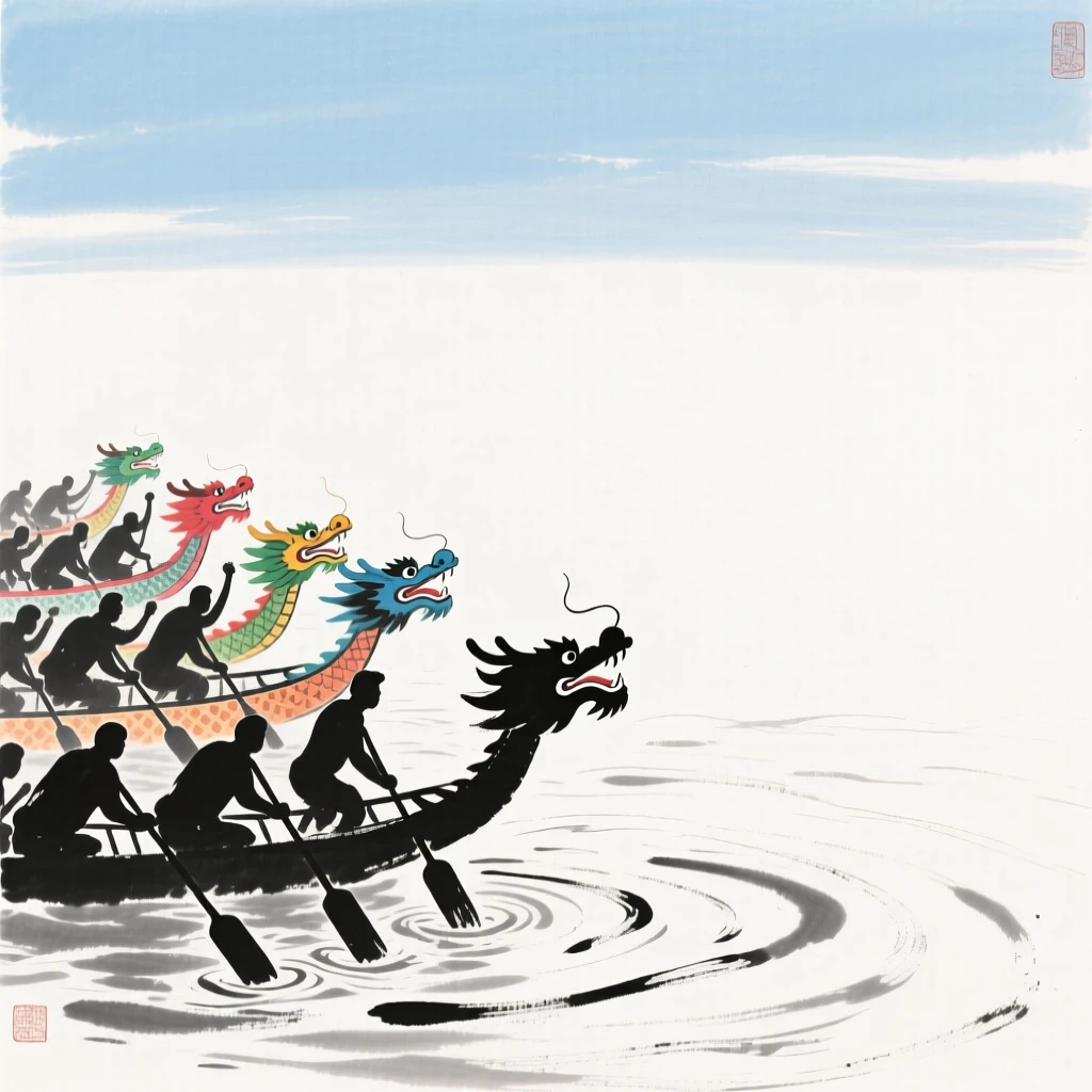 Colorful dragon boats gather at the starting line beneath a clear summer sky, as ripples spread wide across the river's surface.