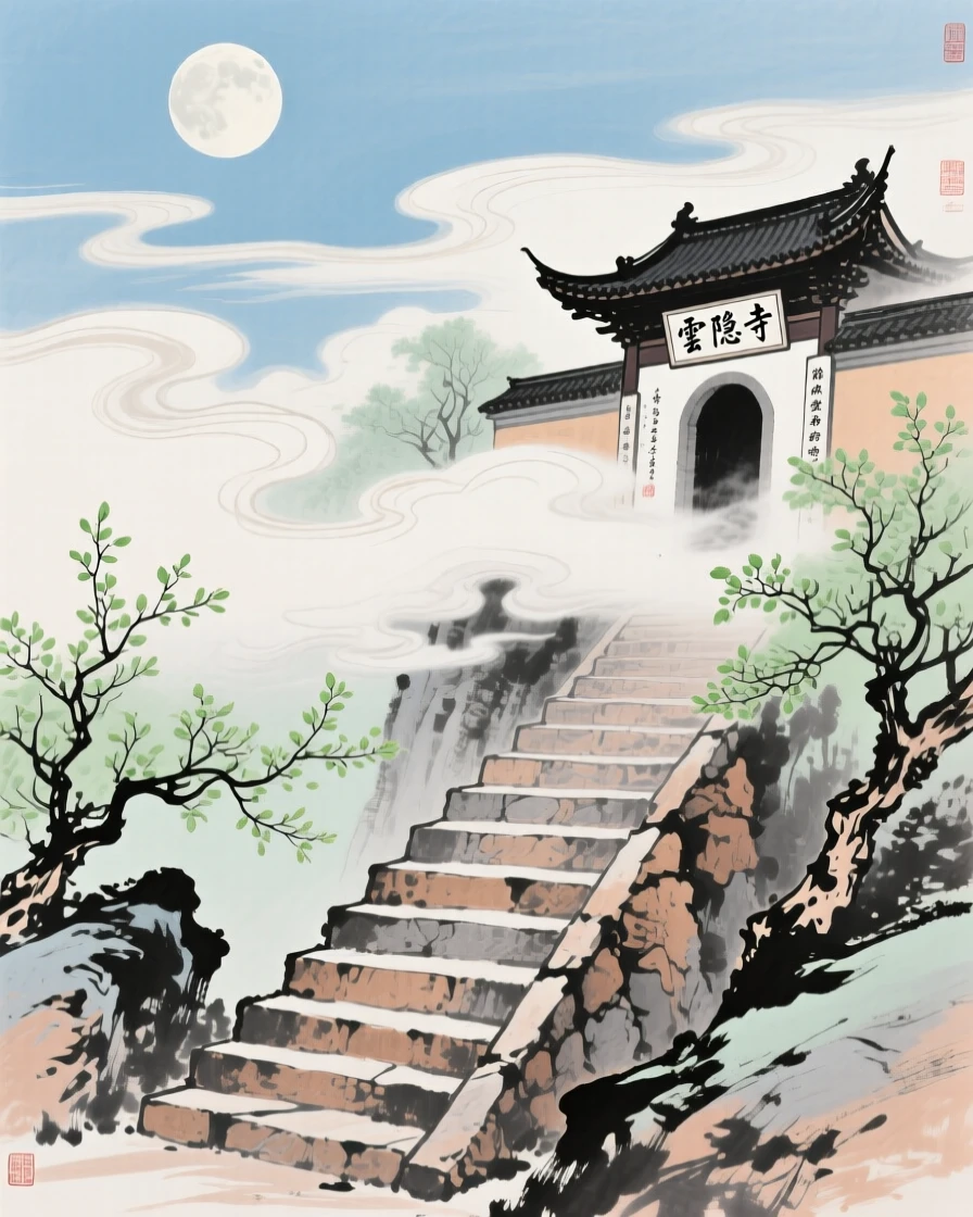 A stone staircase climbing toward a temple hidden in the clouds, in early spring, under a sky streaked with clouds, under a full moon.