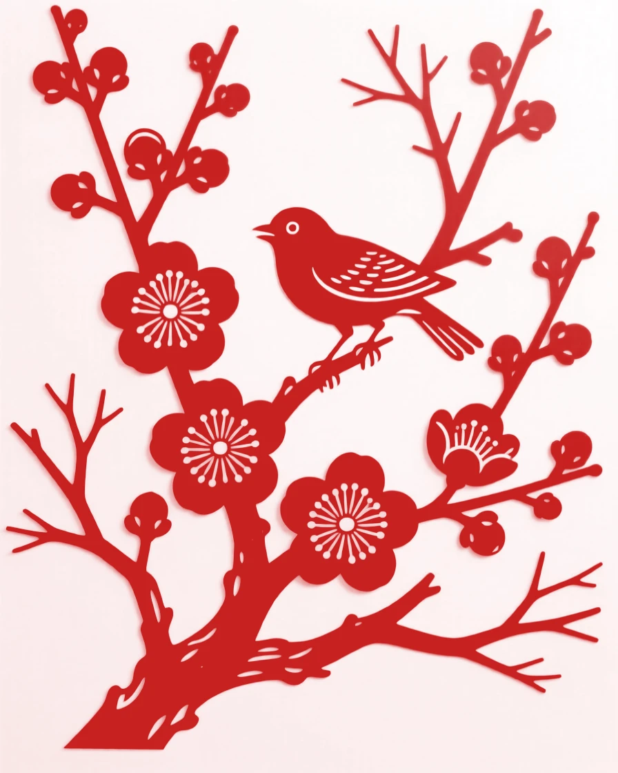 A single branch of plum blossoms in full bloom against bare winter twigs, a small bird perched among the petals