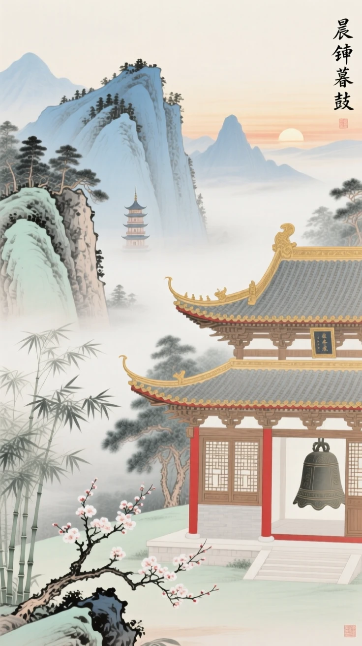 A misty mountain range at dawn, with a distant temple bell tower rising above the treeline